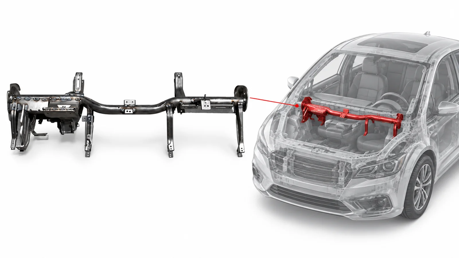 Illustration of a cross-car beam and its location in a vehicle
